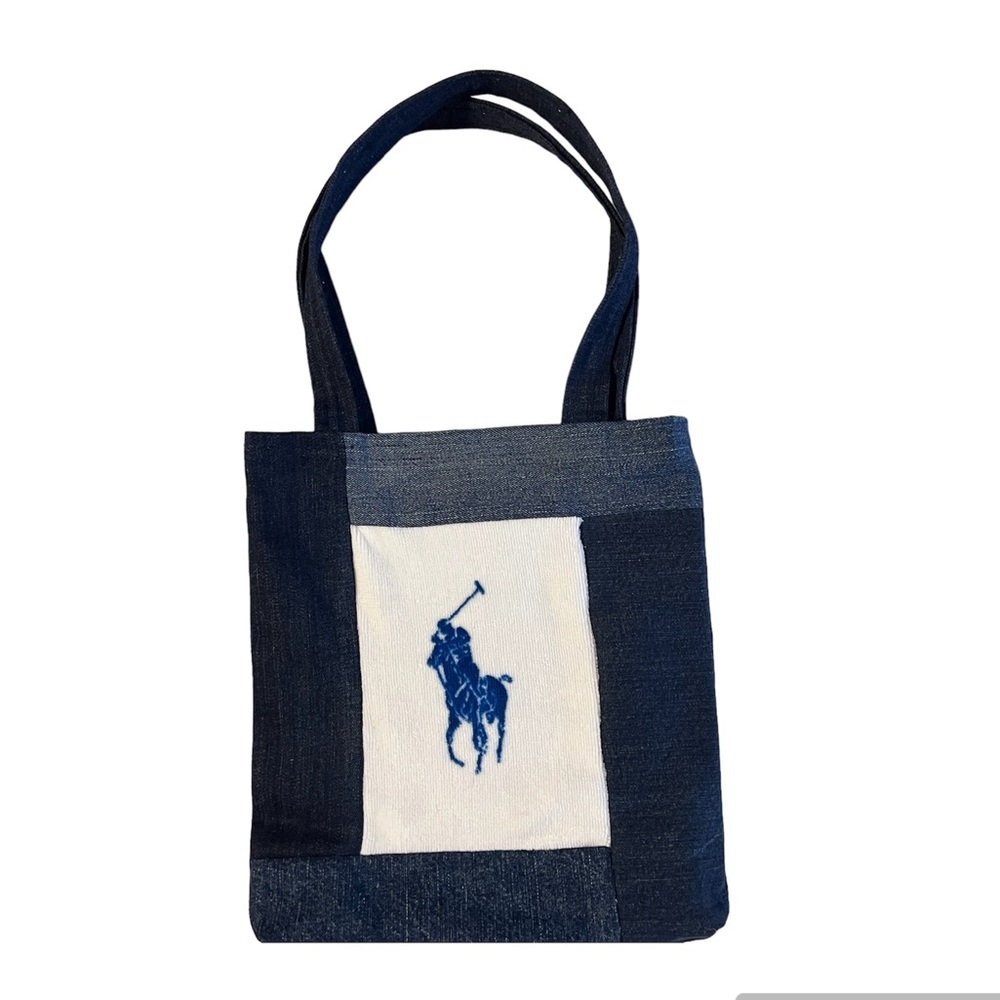 Upcycled Denim Small Tote Bag Shoulder Bag with Polo Towel accent Hand Made